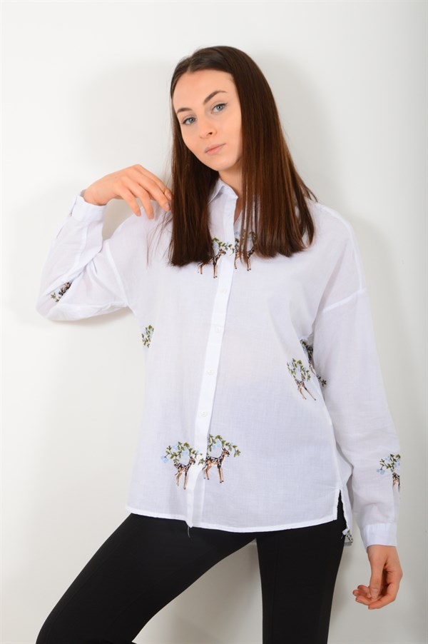Kadın Beyaz Ceylan İşlemeli Gömlek 38071