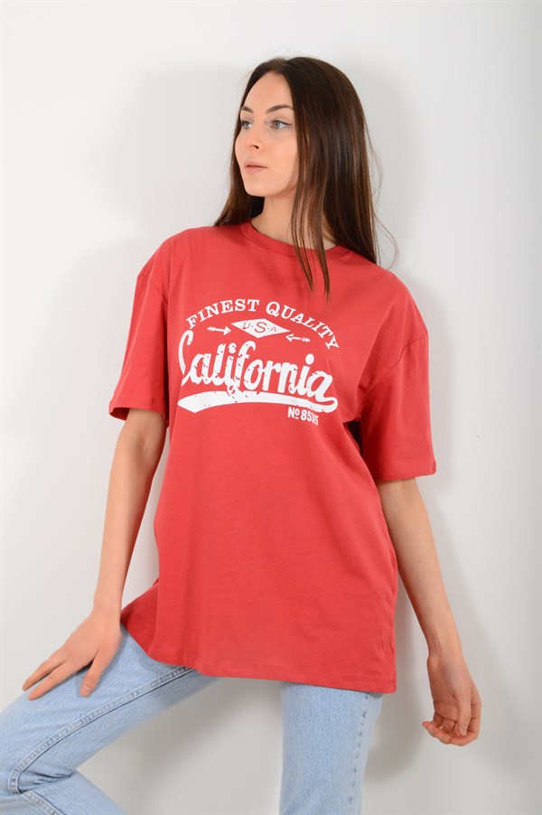 Kadın Bordo California Baskılı Tişört 3663