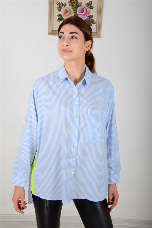 Kadın Mavi Çizgili Yanı Sarı Gömlek 34802