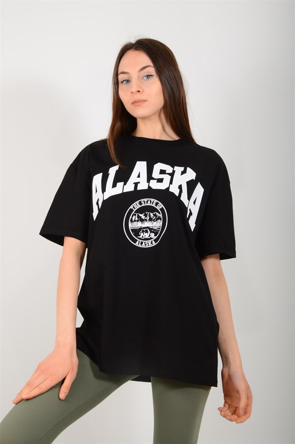 Kadın Siyah Alaska Baskılı Tişört 3661