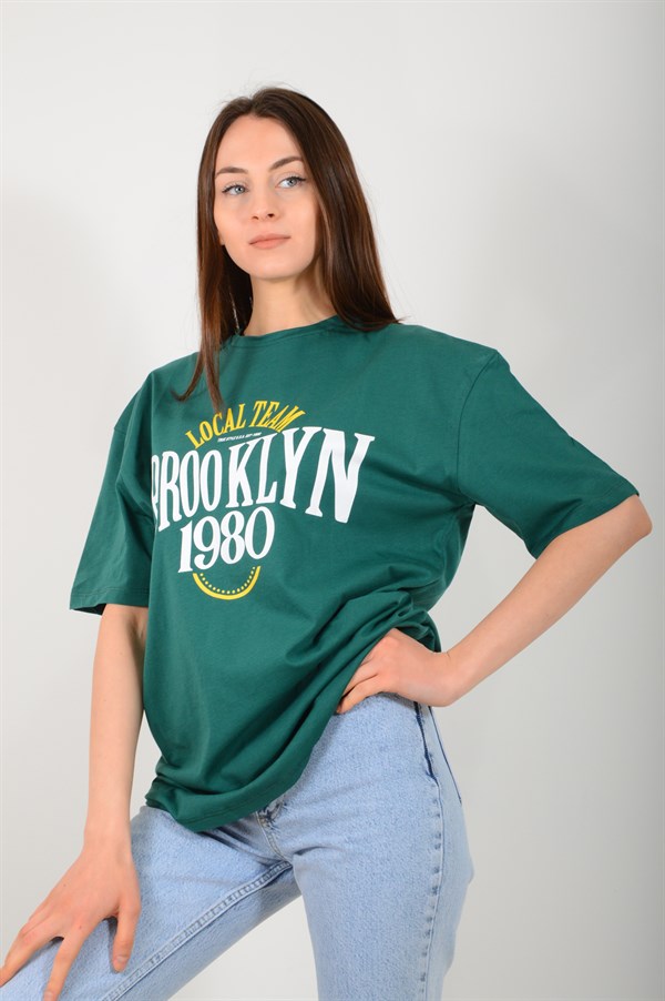 Kadın Yeşil Brooklyn Baskılı Tişört 3719