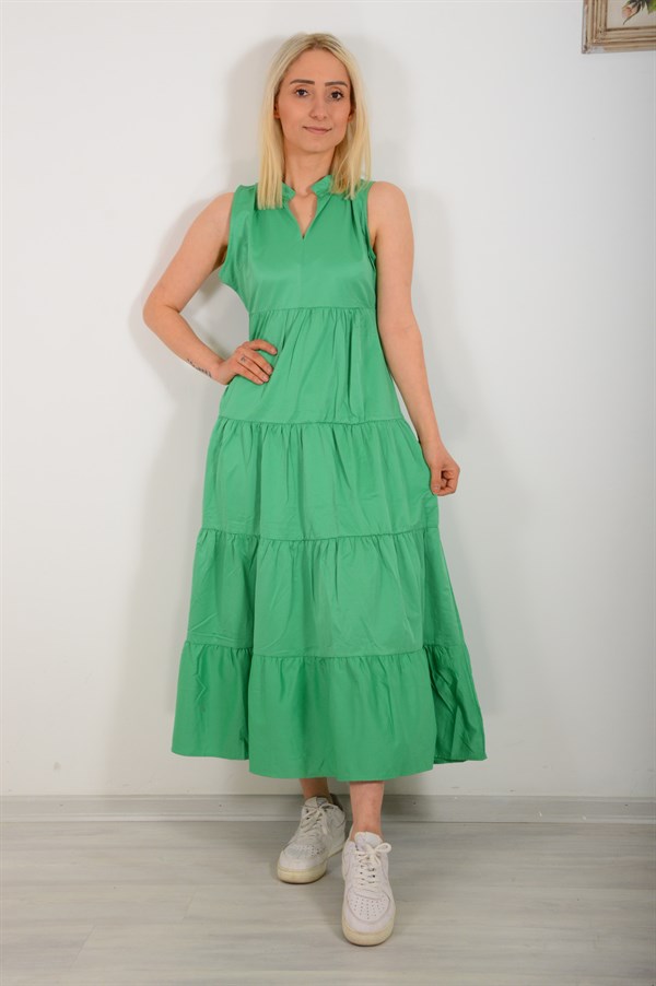 Kadın Yeşil Sıfır Kol Kat Kat Elbise 3683