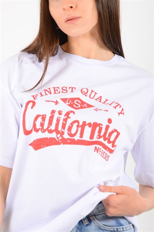Kadın Beyaz California Baskılı Tişört 3663
