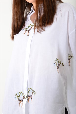 Kadın Beyaz Ceylan İşlemeli Gömlek 38071