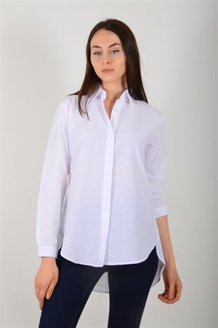 Kadın Beyaz Yanı Yırtmaçlı Gizli Düğmeli Gömlek 9279
