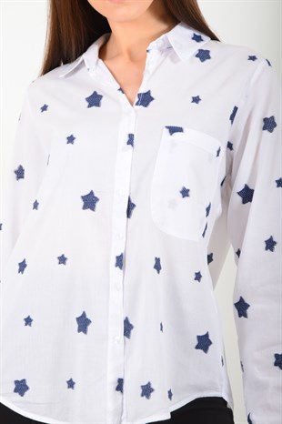 Kadın Beyaz Yıldız İşlemeli Gömlek 3018