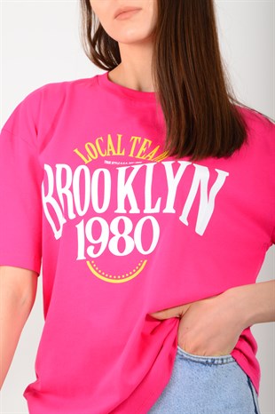 Kadın Fuşya Brooklyn Baskılı Tişört 3719