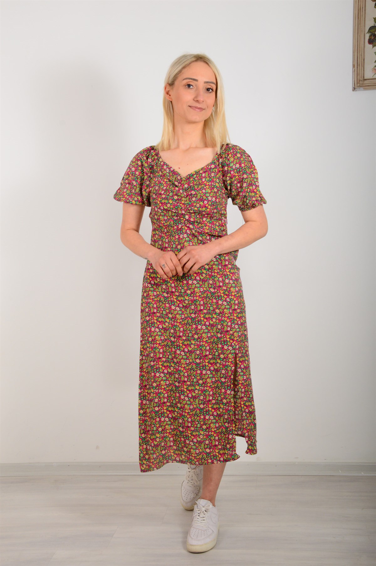 Kadın Fuşya Mini Çiçekli Elbise 222190