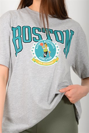 Kadın Gri Boston Baskılı Tişört 3705