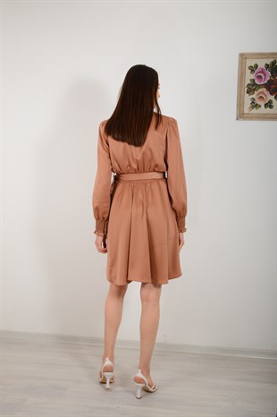 Kadın Kahverengi Kruvaze Saten Elbise 9171