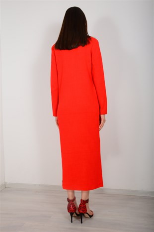 Kadın Kırmızı Tam Balıkçı Yırtmaçlı Elbise 5763