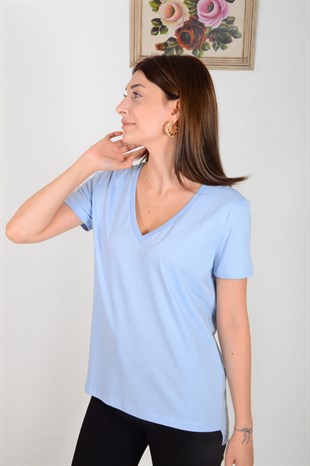 Kadın Mavi V Yaka Basic Tişört 3470