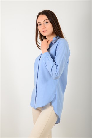 Kadın Mavi Yanı Yırtmaçlı Gizli Düğmeli Gömlek 9279