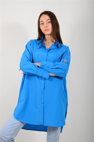Kadın Mavi Yanı Yırtmaçlı Gömlek 3563