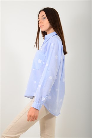 Kadın Mavi Yıldız İşlemeli Gömlek 3018