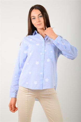 Kadın Mavi Yıldız İşlemeli Gömlek 3018