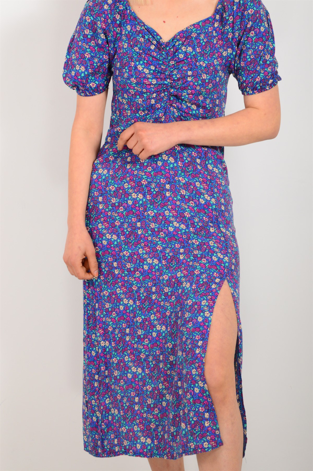 Kadın Saks Mini Çiçekli Elbise 222190
