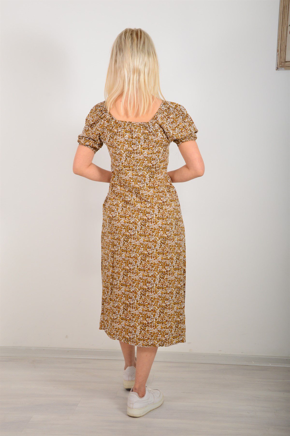 Kadın Sarı Mini Çiçekli Elbise 222190