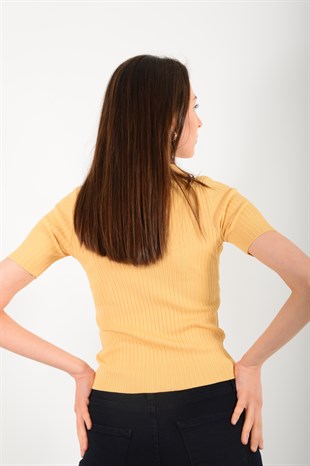 Kadın Sarı Polo Yaka Fitilli Tişört 3705