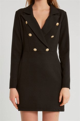 Kadın Siyah Düğme Detaylı Fermuarlı Elbise D86189