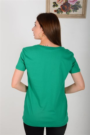 Kadın Yaşil V Yaka Basic Tişört 3470