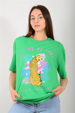 Kadın Yeşil Leopar Baskılı Tişört 3708