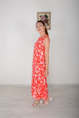 Kırmızı Kolsuz Çiçekli Elbise 3453