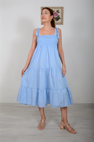 Kadın Mavi Askı Bağlamalı Gipeli Elbise 20Y627