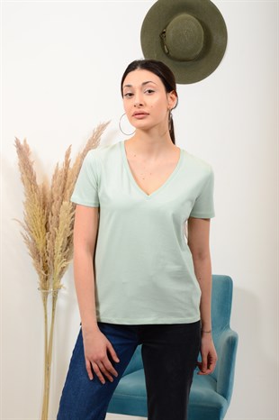 Kadın Mint Yeşili V Yaka Basic Tişört