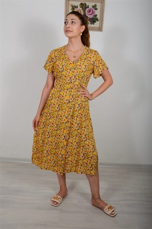 Kadın Sarı Düğmeli V Yaka Elbise 2383