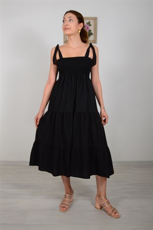 Kadın Siyah Askı Bağlamalı Gipeli Elbise 20Y627