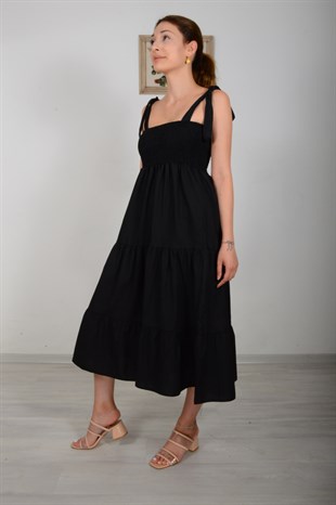 Siyah Askı Bağlamalı Gipeli Elbise 20Y627