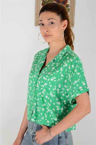 Yeşil Çiçekli Kısa Gömlek DK